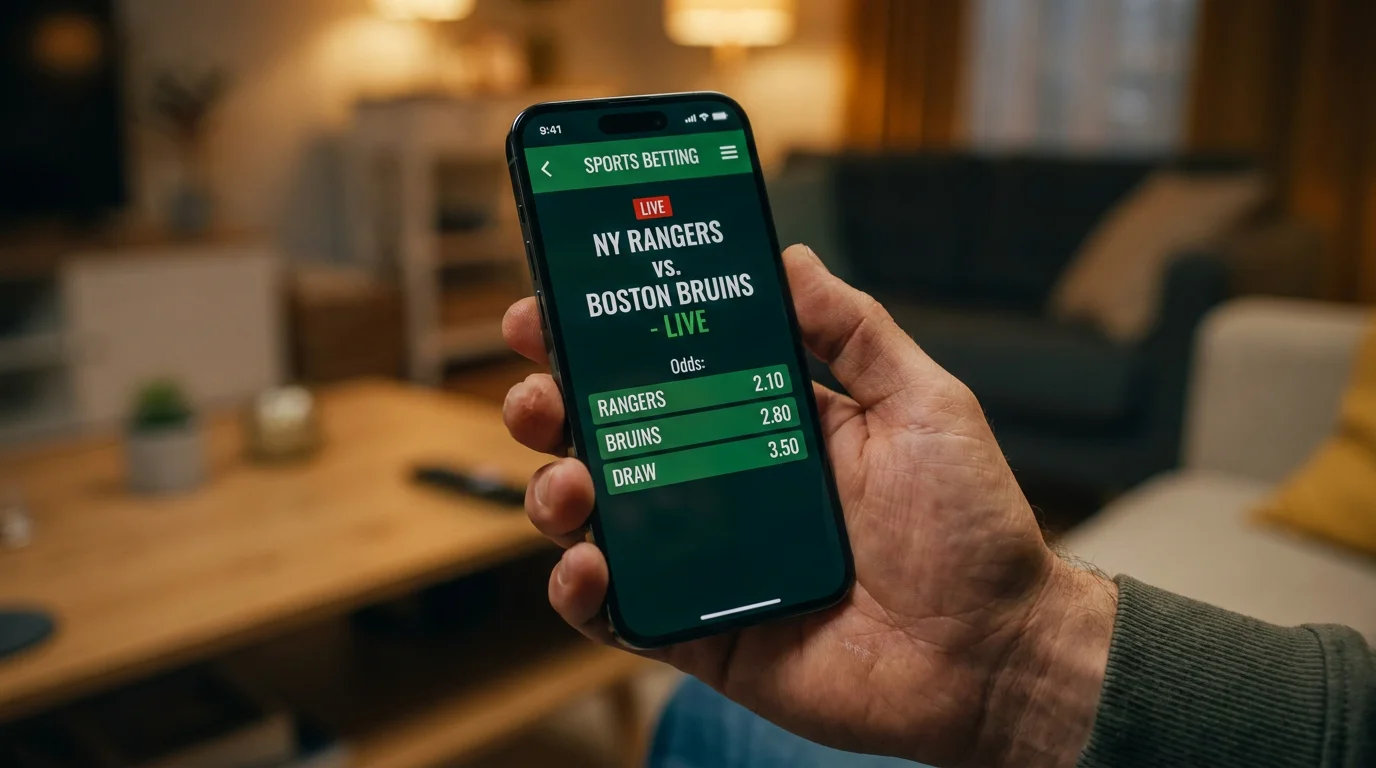 Close-up of a smartphone showing live NHL betting markets with in-play odds for an ice hockey match