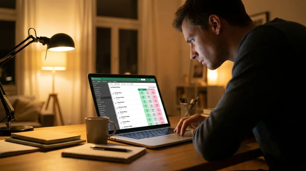 Laptop showing an NHL back and lay betting exchange market for ice hockey