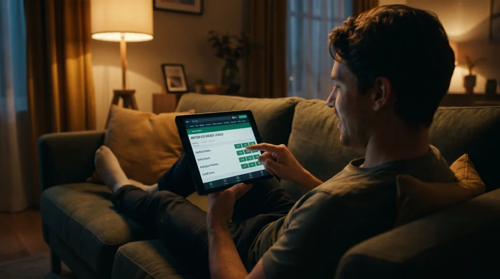 Tablet showing EIHL match betting options from a UK bookmaker