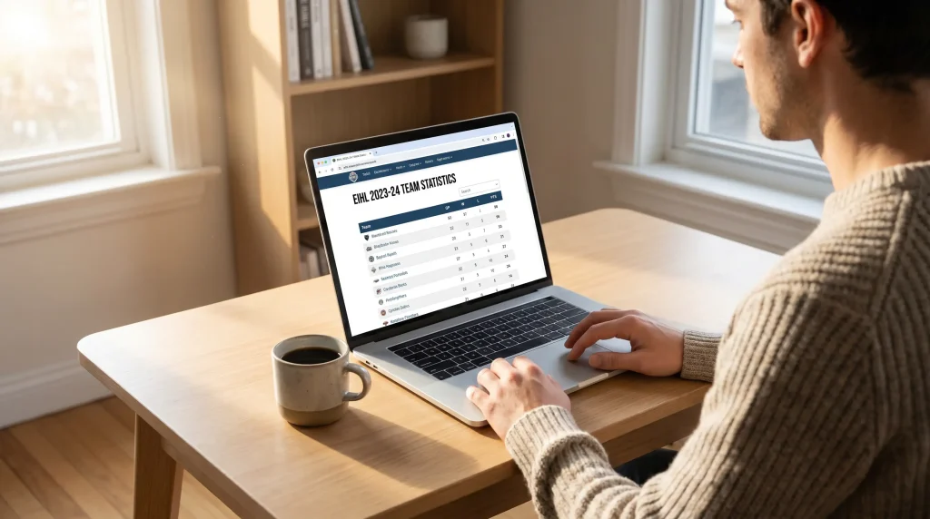 UK bettor accessing EIHL official statistics and team news for pre-bet research