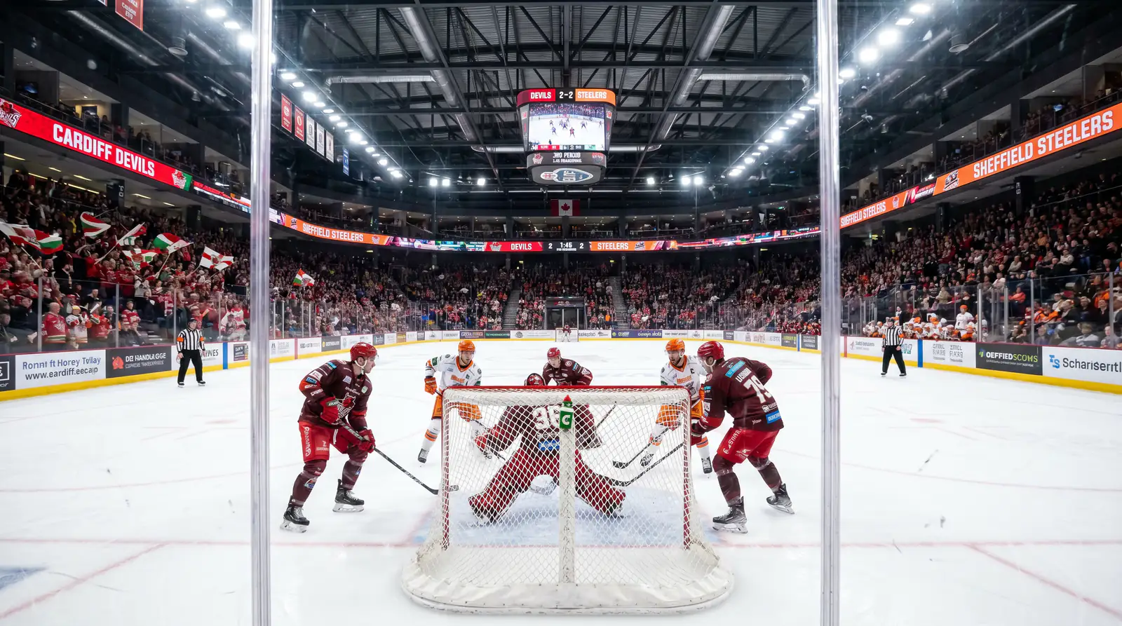 Packed arena during an Elite Ice Hockey League match, crowds filling the stands at a Sheffield Steelers home game