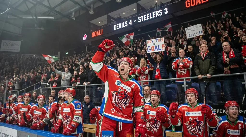 EIHL forward celebrating a goal representing the top scorer race in betting markets