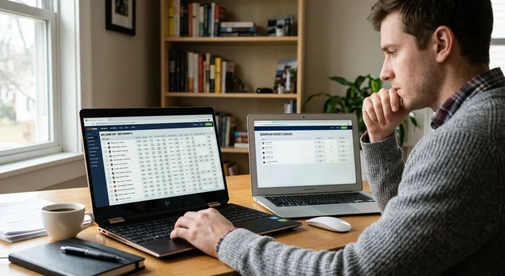 Comparison of European hockey and NHL betting market depth on two laptop screens