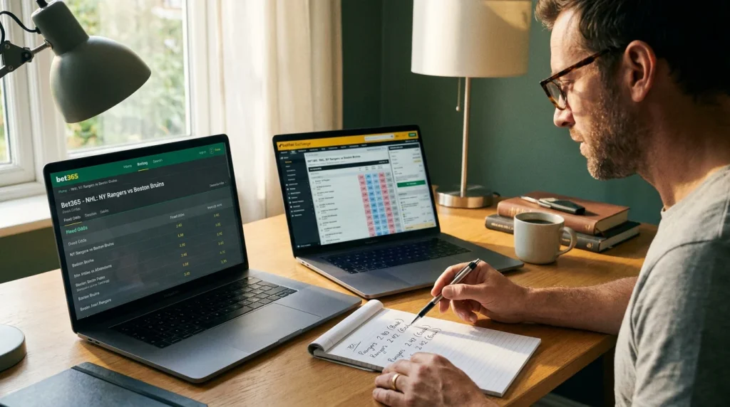 UK bettor comparing betting exchange and traditional bookmaker for the same NHL game