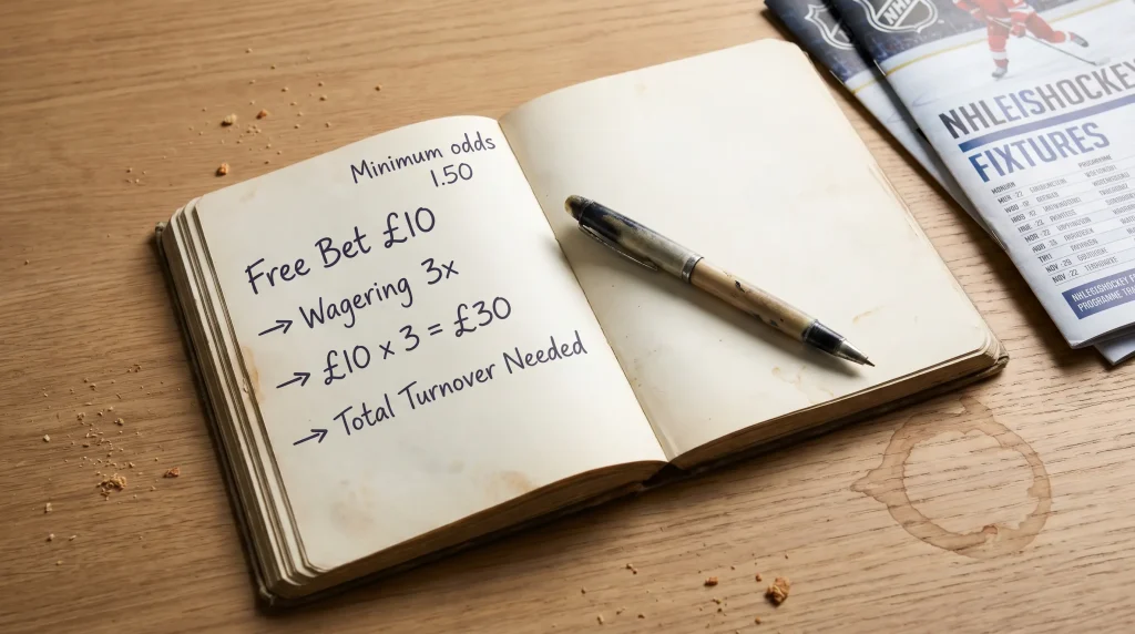 Worked example of free bet wagering requirement calculation for NHL hockey bet