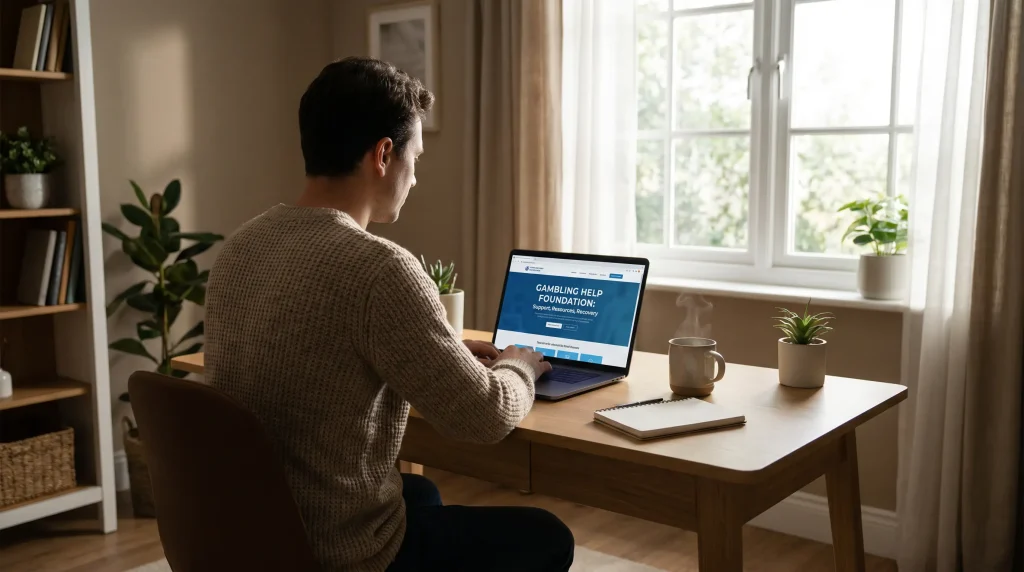 Person browsing responsible gambling support resources available for UK hockey bettors