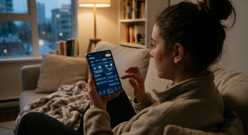 Bettor selecting between two-way and three-way hockey betting markets on a mobile