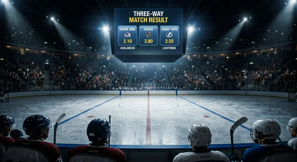 Three-way hockey betting market showing home win draw and away win options