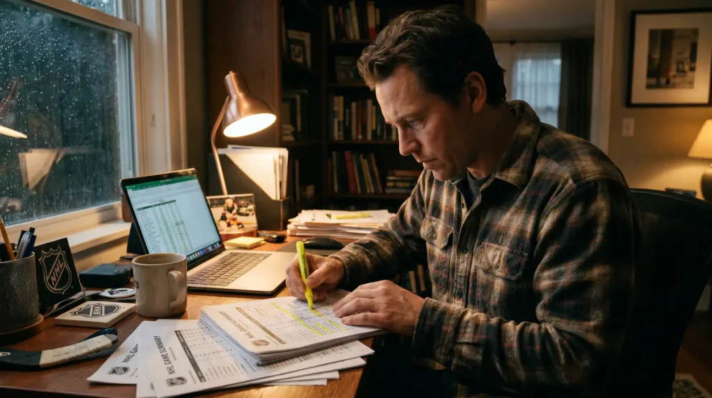 Hockey bettor applying selection criteria to NHL game analysis for accumulator