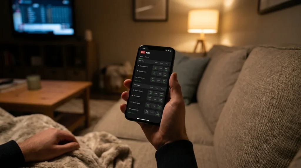 Mobile phone showing a hockey betting app with live in-play NHL markets