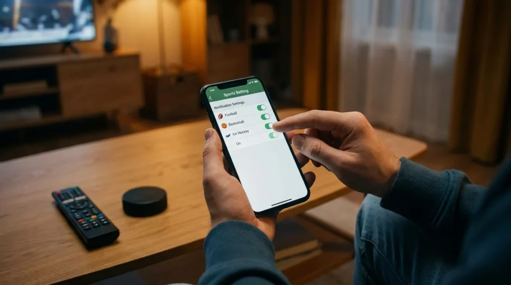 Mobile phone showing push notification settings for NHL odds changes in a betting app