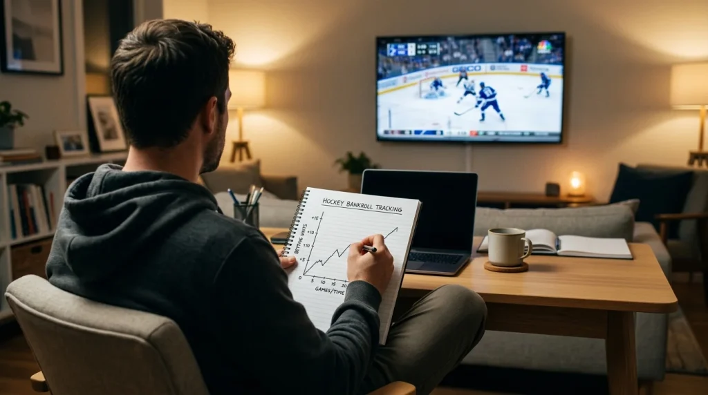 Bettor tracking hockey betting bankroll with a simple graph on a notepad