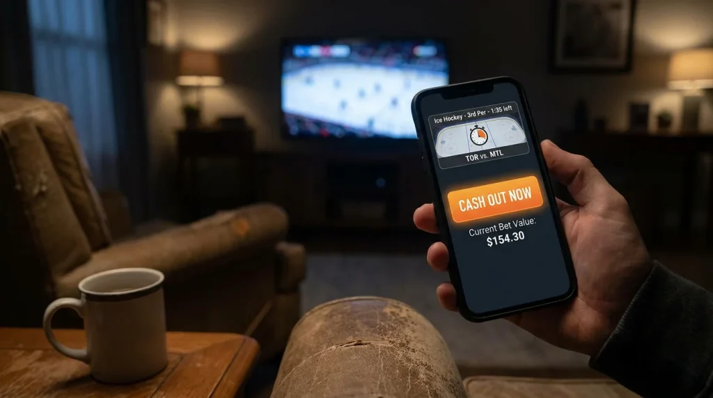 Mobile betting app showing a cash out offer on an NHL in-play bet