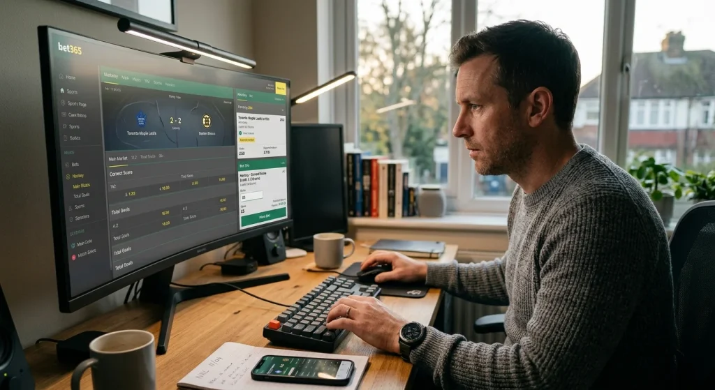Hockey bettor placing a small stake correct score bet as a supplement to main betting