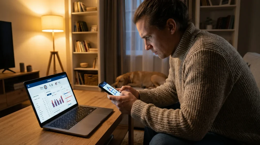 Hockey bettor checking lineup news and goaltender confirmation on a smartphone