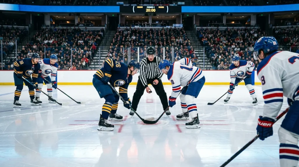Ice hockey face-off at the start of a period illustrating period betting mechanics
