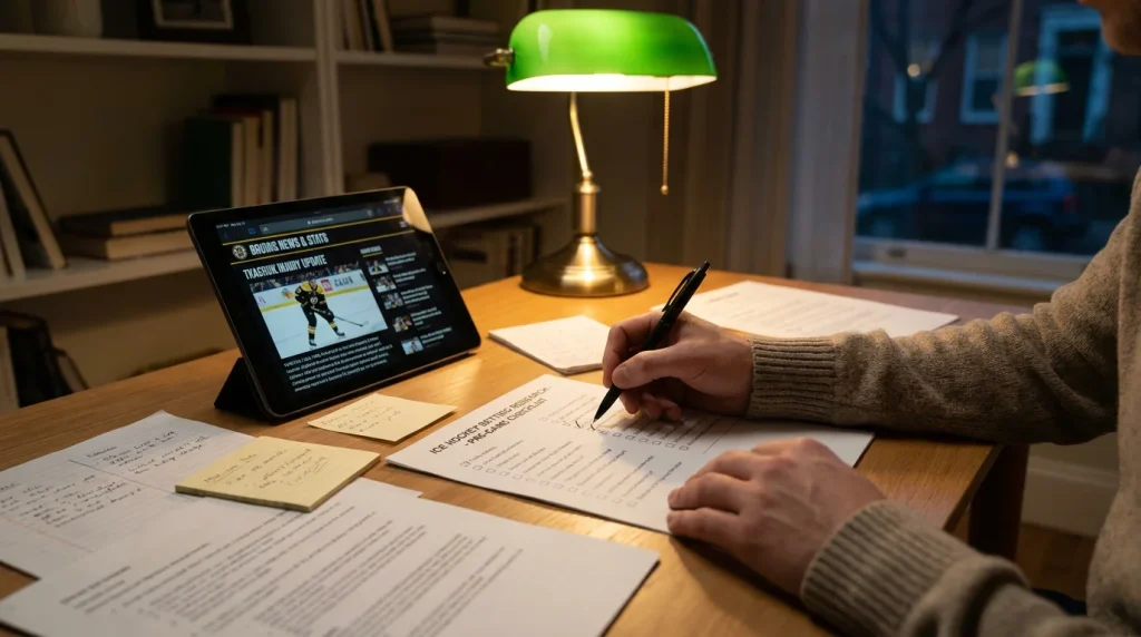 Hockey bettor working through a pre-game research checklist before placing a bet