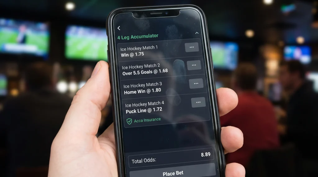 Ice hockey accumulator bet slip with acca bonus insurance on NHL selections at UK bookmaker