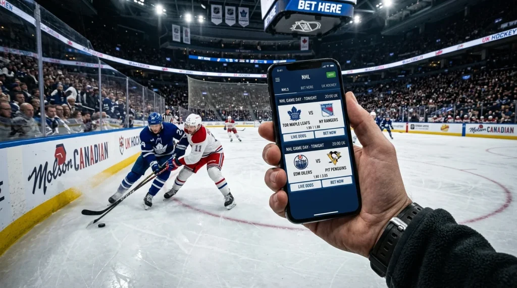 Mobile phone showing ice hockey betting app with NHL markets