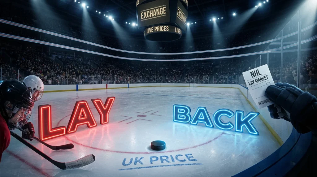 Betting exchange interface showing NHL lay market and back prices for UK bettors