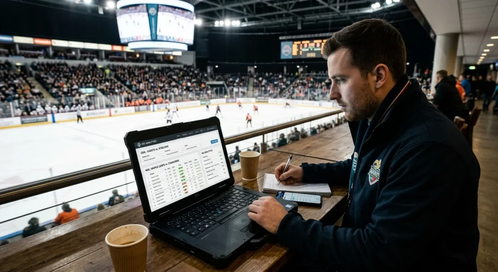 Hockey betting analytics dashboard showing NHL and EIHL statistics