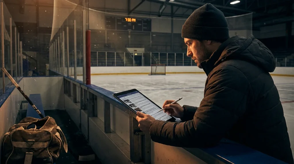 Hockey bettor reviewing statistics and team news before placing a bet