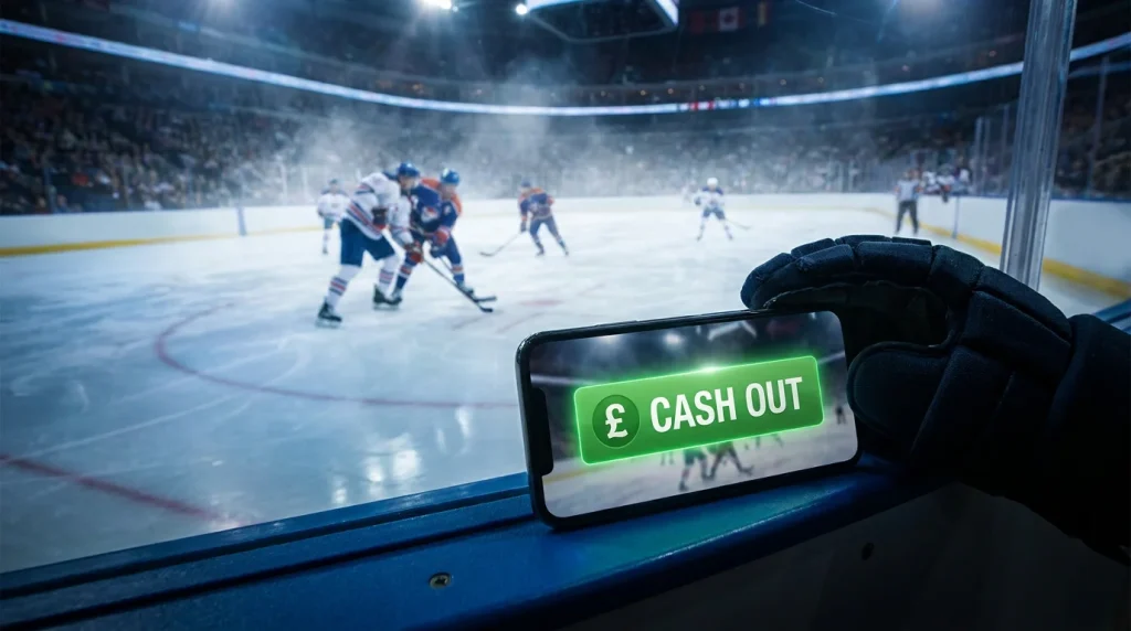 Hockey cash out button on a UK betting app during an in-play NHL game