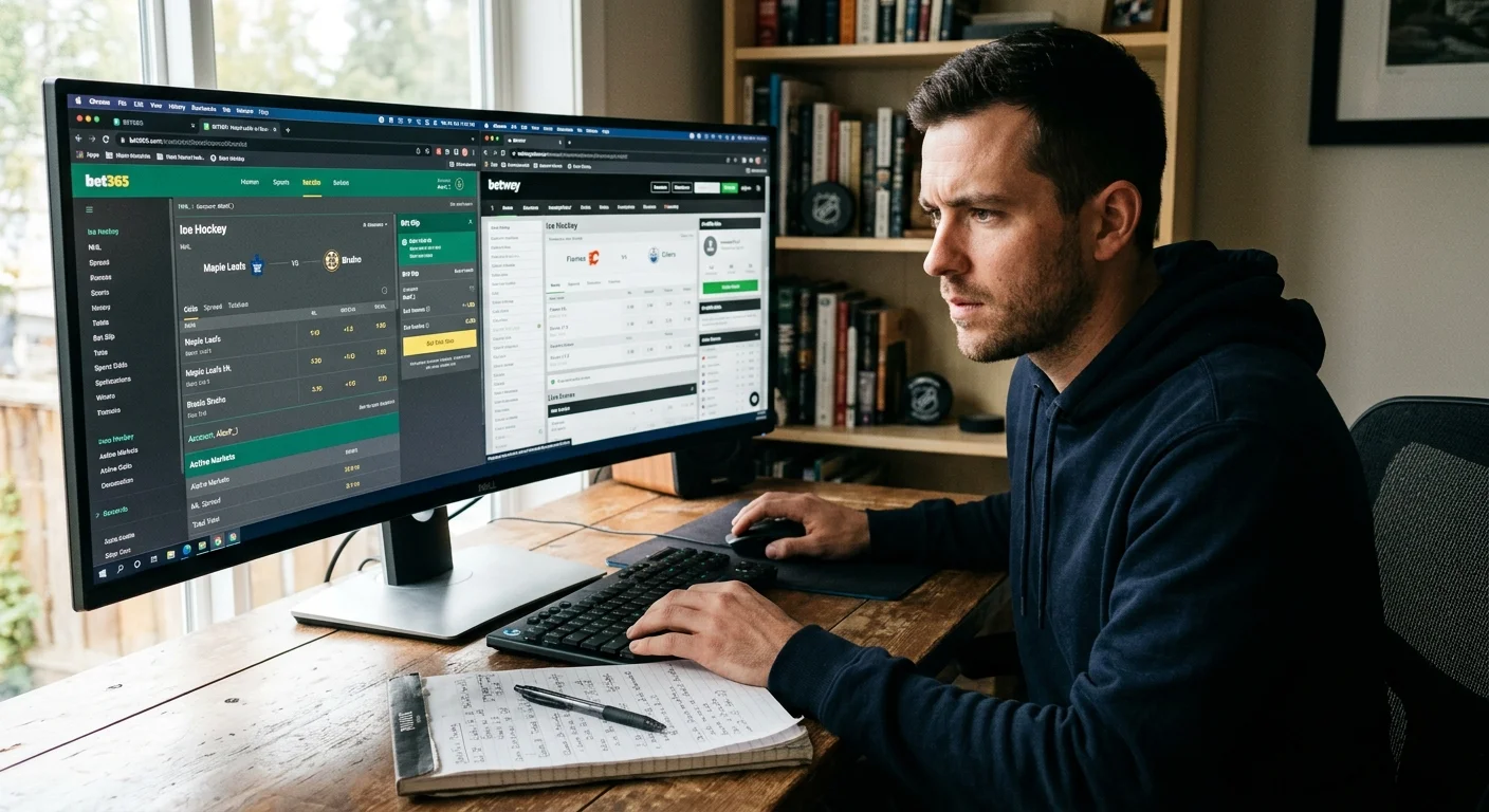 Person at a desk with several browser tabs open comparing ice hockey betting platforms simultaneously