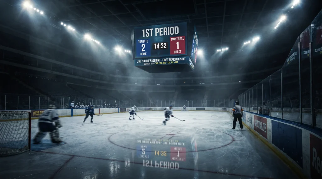 Ice hockey scoreboard showing first period result for period betting