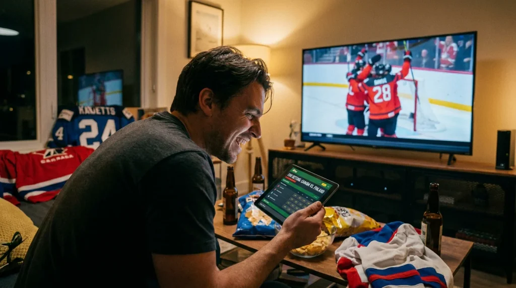 UK bettor placing an in-play bet during an IIHF World Championship game