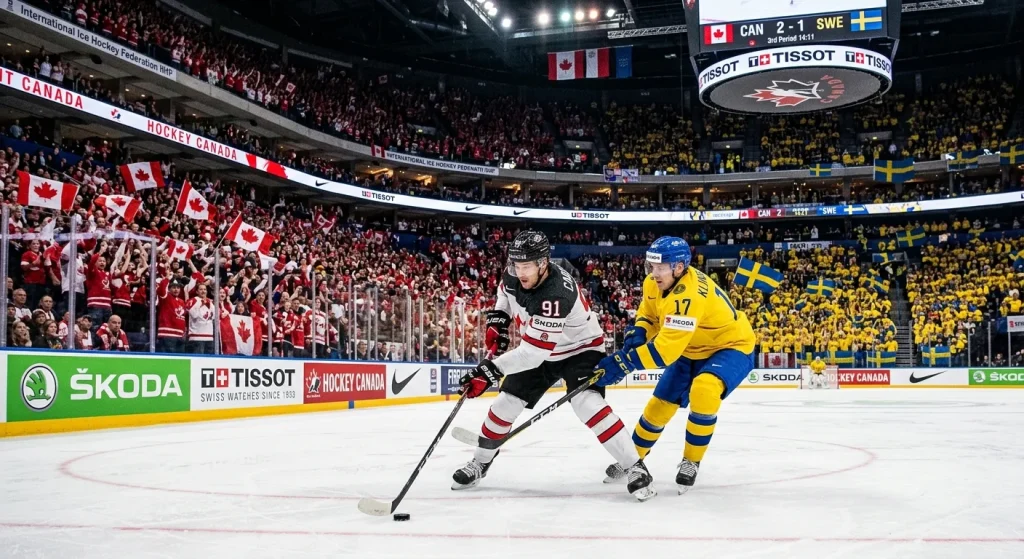 IIHF World Championship game with international teams and national flags in the crowd