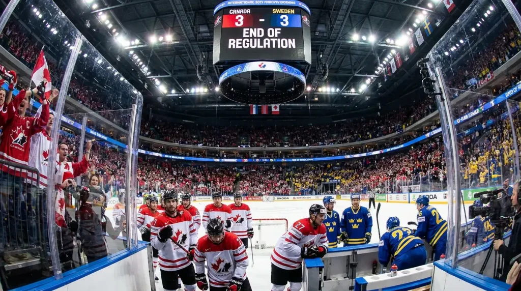International hockey game tied at regulation showing draw value in three-way markets