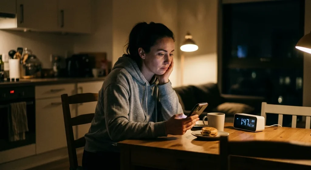 Person at home late at night reflecting on late-night NHL betting and responsible gambling