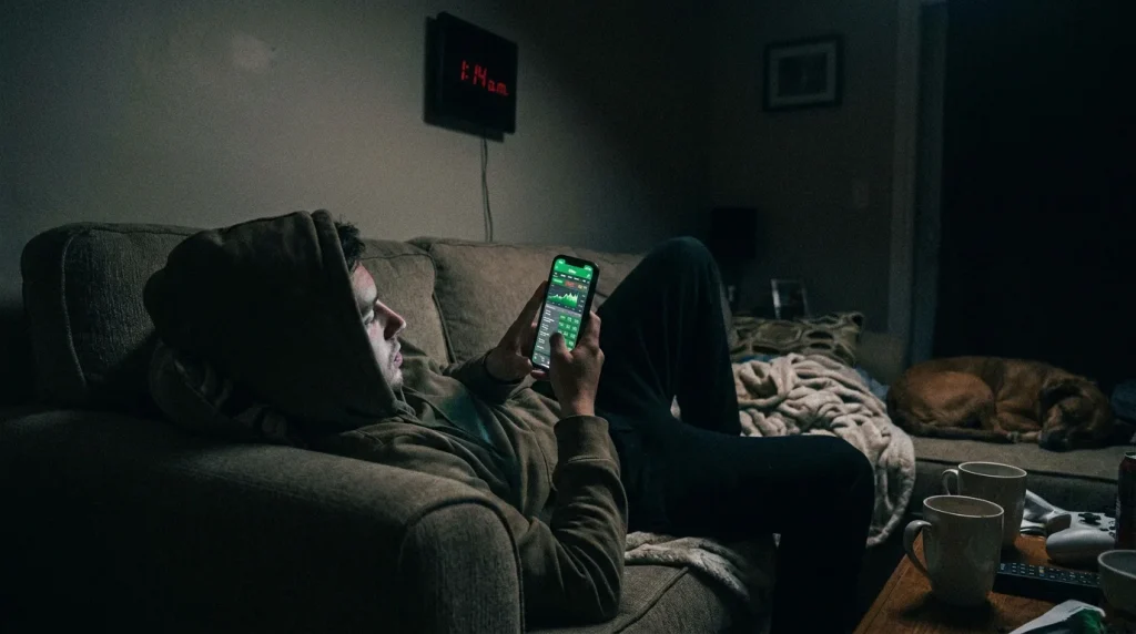 Person using a phone late at night for NHL betting illustrating UK late-night betting pattern