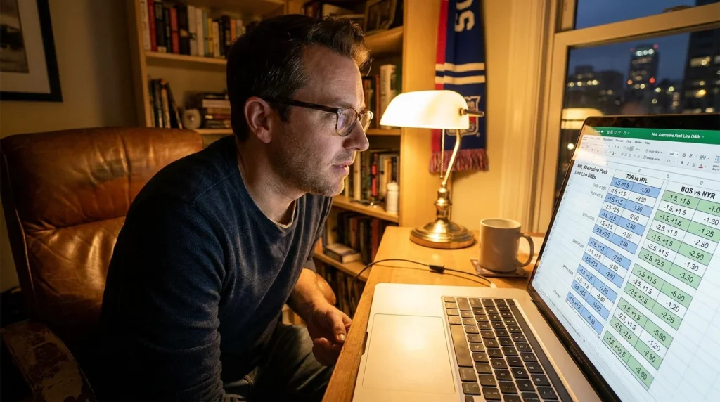 Person reviewing NHL alternative puck line options including minus 2.5 on a laptop