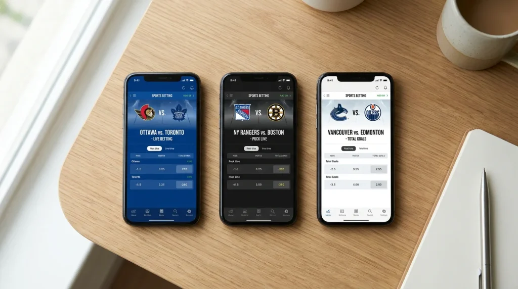 Three smartphones showing different NHL betting apps for comparison in the UK