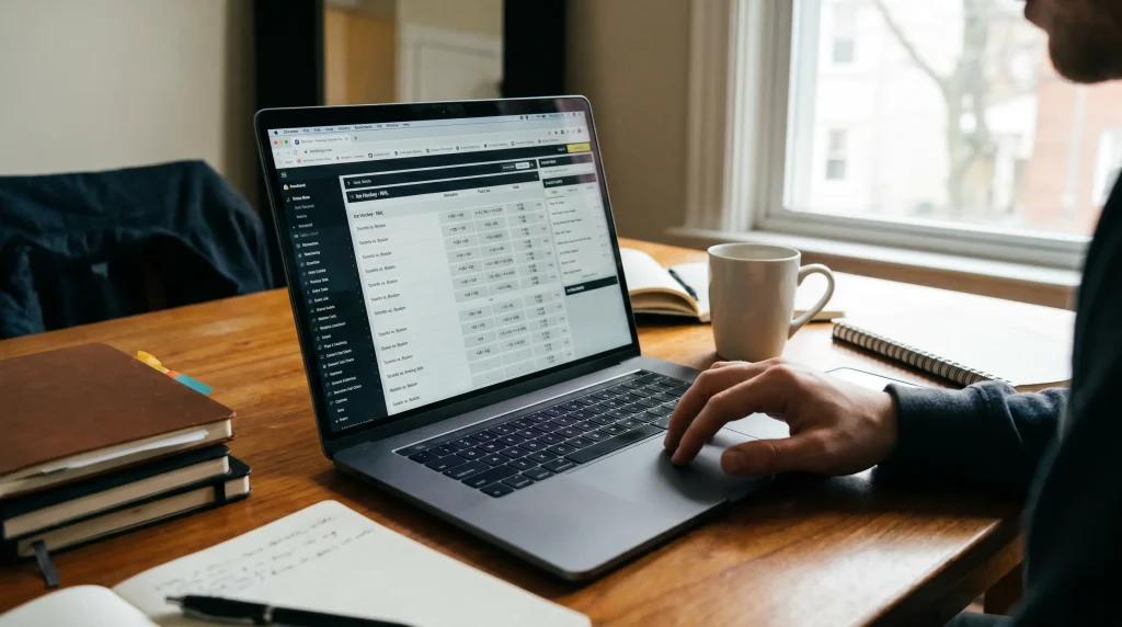 Laptop showing a comprehensive NHL betting market listing at a UK bookmaker