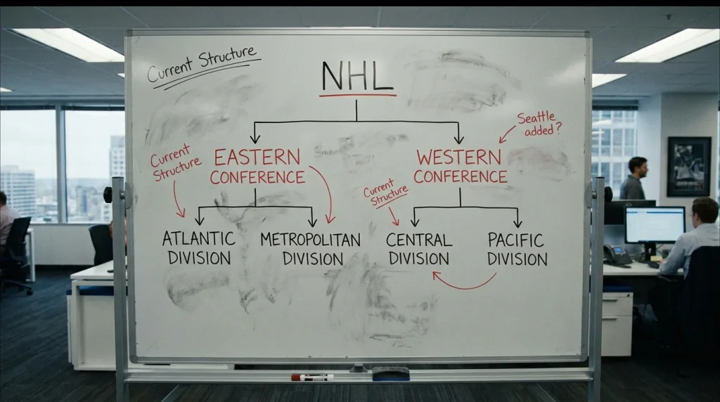 NHL Eastern and Western Conference structure drawn on a whiteboard for futures betting