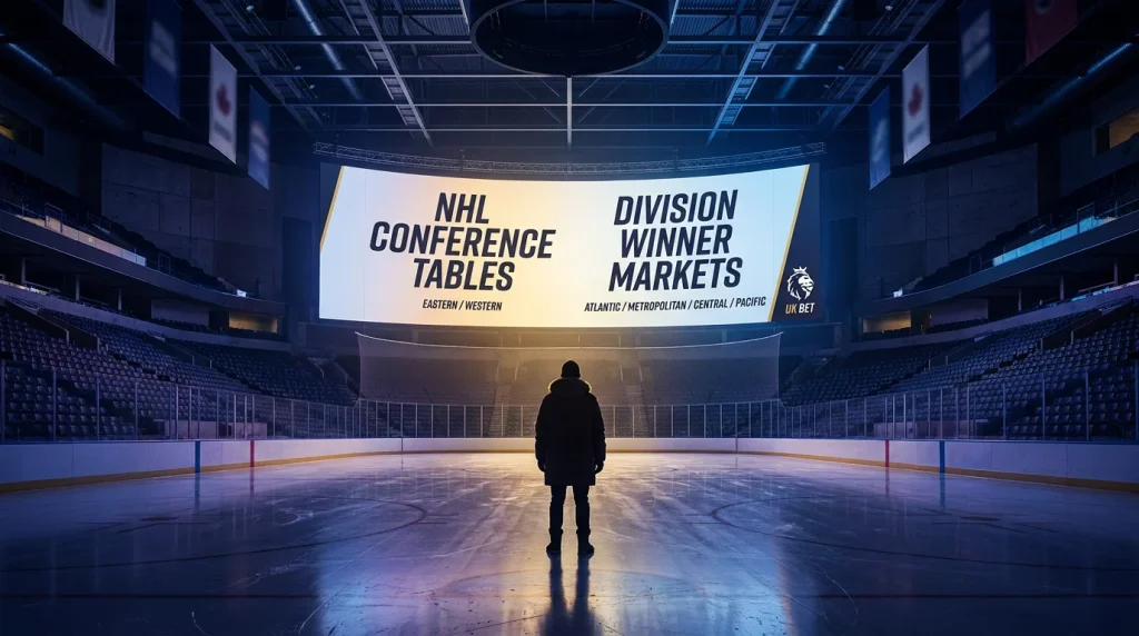 NHL conference standings and division leader futures markets on a UK betting platform
