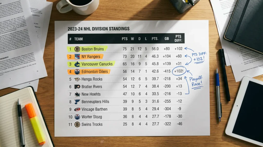 NHL division standings table with annotations relevant to division winner betting research
