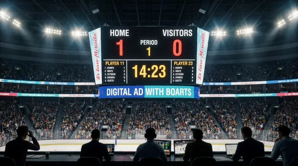 NHL arena scoreboard showing a first period result for period betting strategy