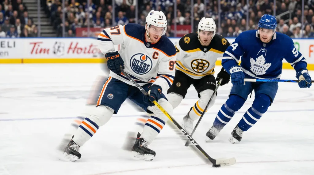 NHL forward in action illustrating an anytime scorer leg in an NHL same-game parlay