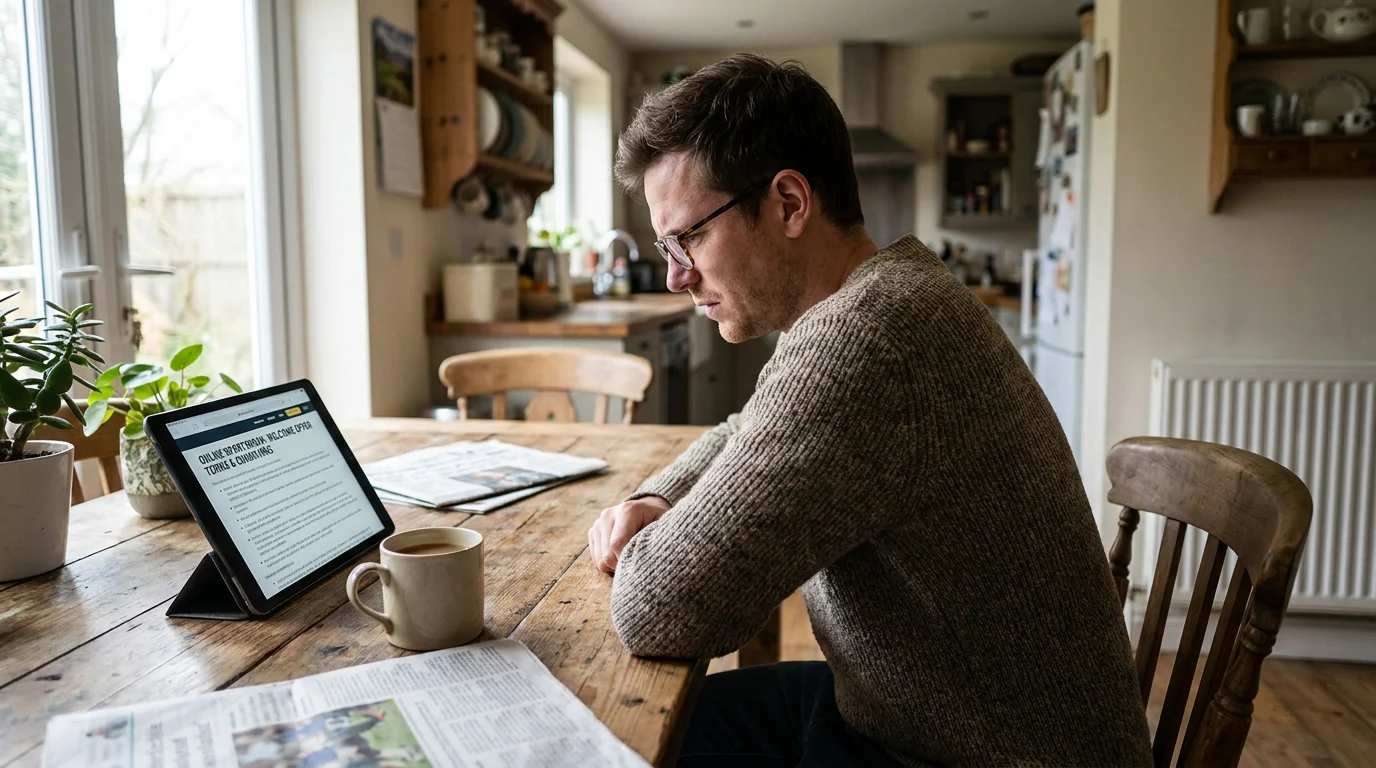Person reading a bookmaker welcome offer terms page on a tablet, checking hockey market eligibility criteria