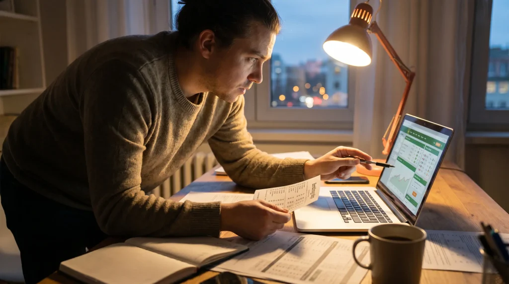 Bettor reviewing an open NHL futures bet position mid-season for management decision