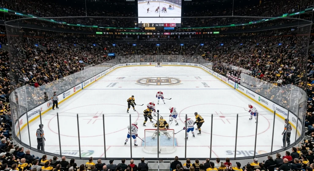 NHL game in progress from press box view showing the complexity of analytical betting factors