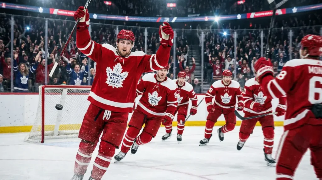 NHL forward celebrating a goal representing anytime scorer prop betting markets