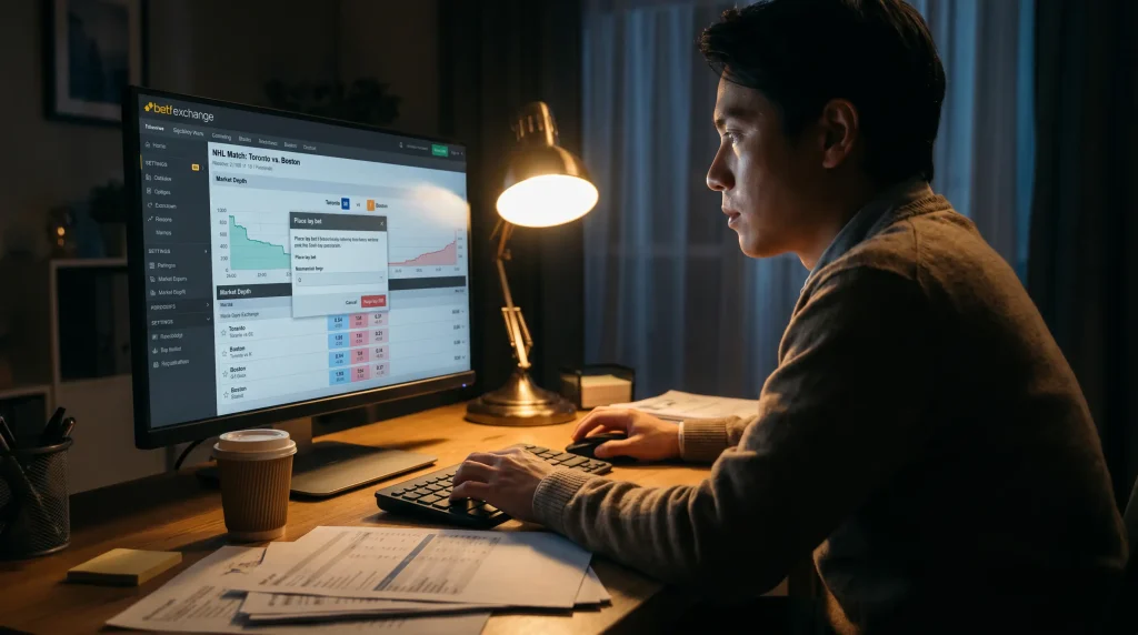 Person placing an NHL lay bet on a betting exchange for a market favourite