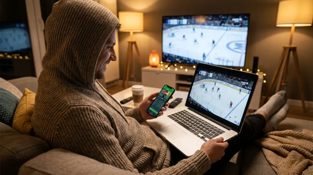 UK bettor watching NHL live stream while placing an in-play bet on a laptop at home