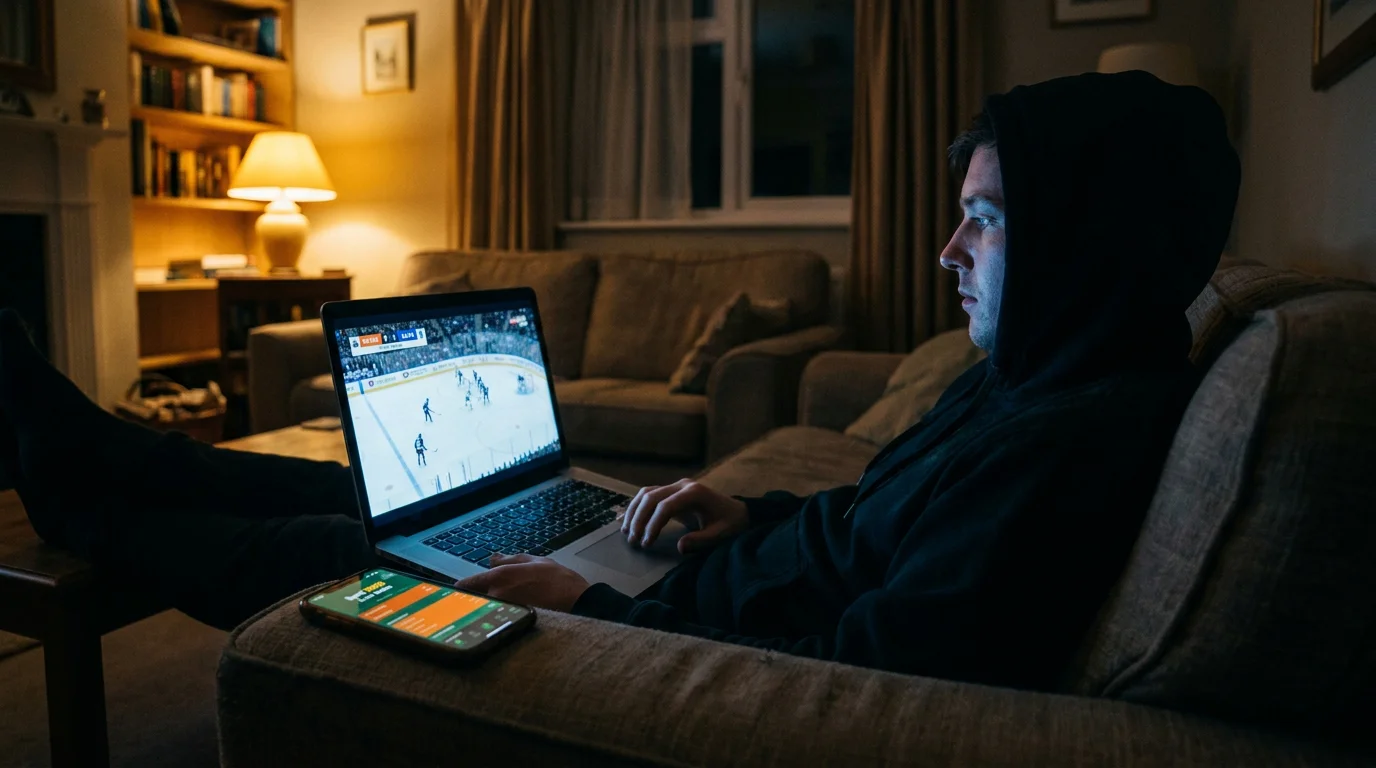 UK bettor watching an NHL live stream on a laptop at night, placing an in-play bet during an ice hockey match