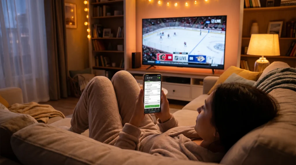 Mobile phone showing ice hockey betting app in use during a late-night NHL game from the UK